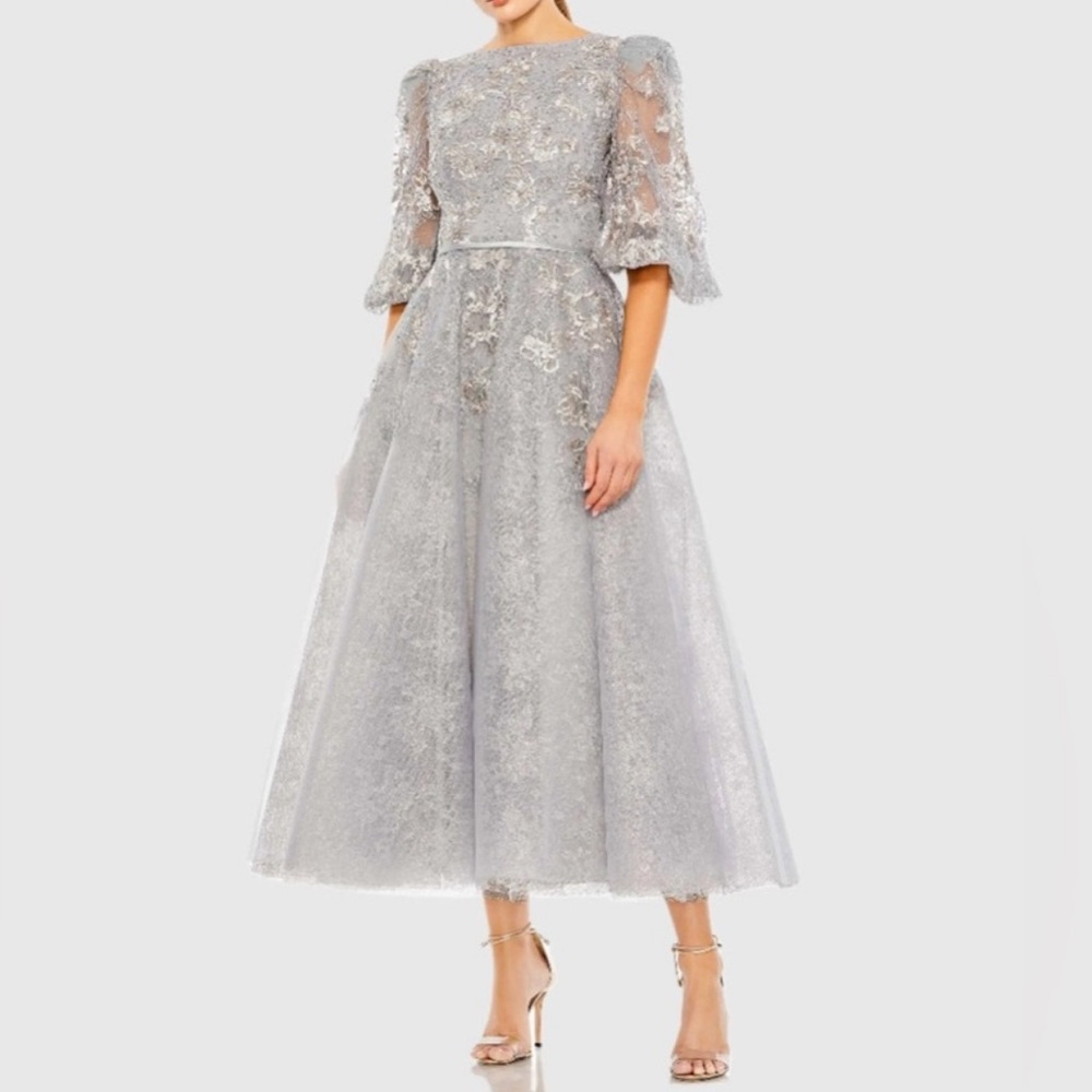 Mac Duggal Gray Platinum High Neck Puff Sleeve Embellished Embroidered Dress